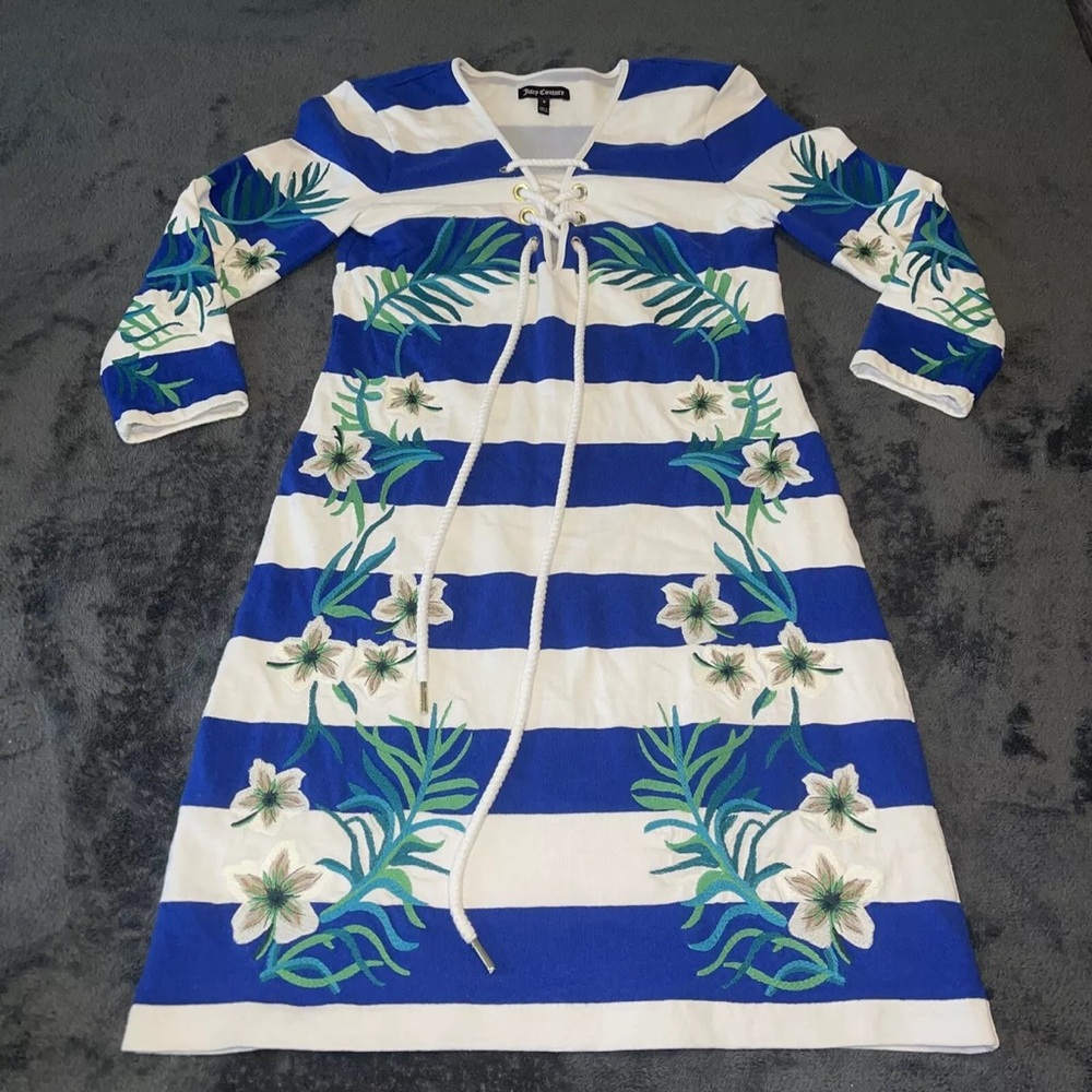 NWT Juicy Couture Seaside Hibiscus Stripe Embroidered Lace-Up Neck Dress